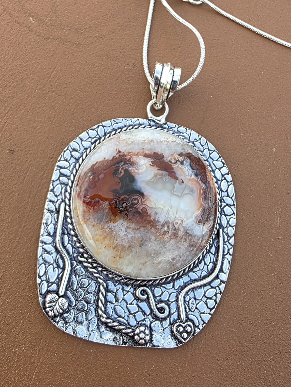 Crazy Lace Agate Gemstone Pendant in 925 Sterling Silver Setting (3")
